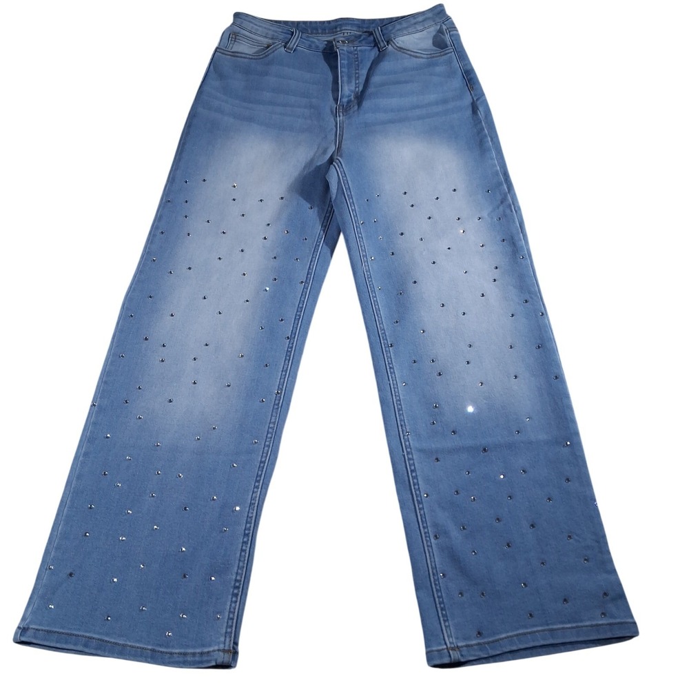 Paola Riboni Womens Rhinestone Studded Wide Leg Jeans Light Wash Blue Size 30x28